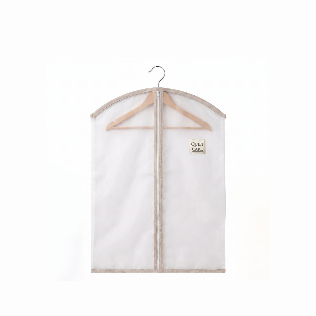 Sheer organza garment cover with linen blend trim in ecru, medium, on a wooden hanger