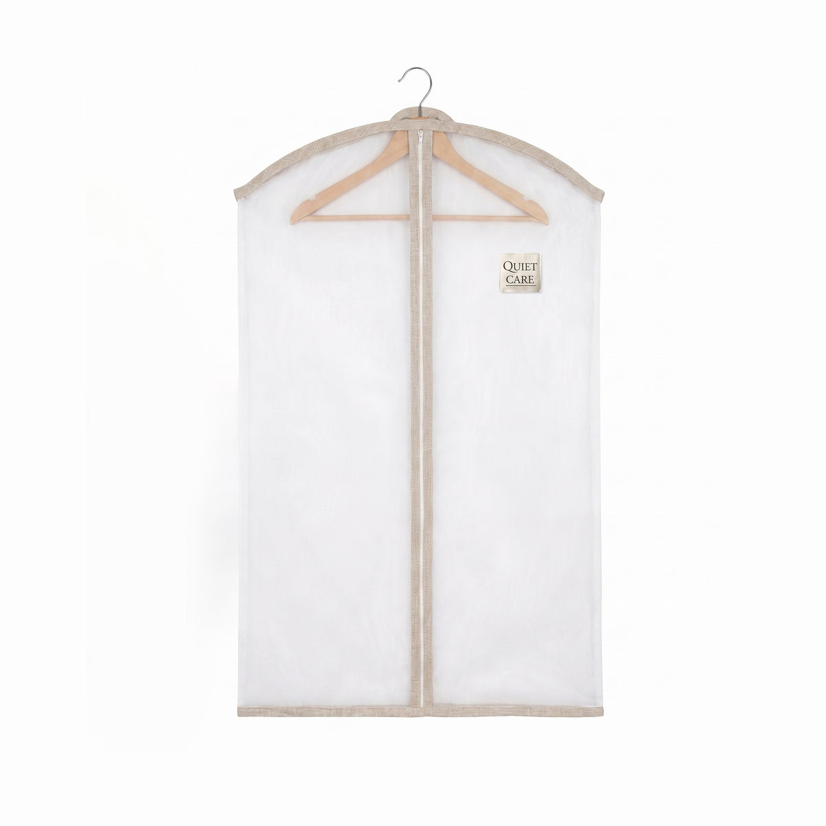 Sheer organza garment cover with linen blend trim in ecru, large, on a wooden hanger
