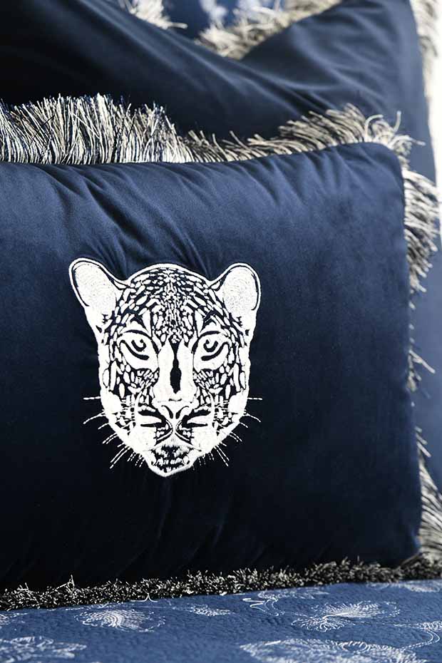 Safari Velvet Embroidered Lumbar Cushion Cover , Blue