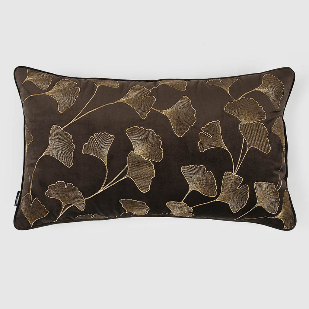 Ginkgo Leaf Embroidered Velvet Lumbar Cushion Cover , Brown