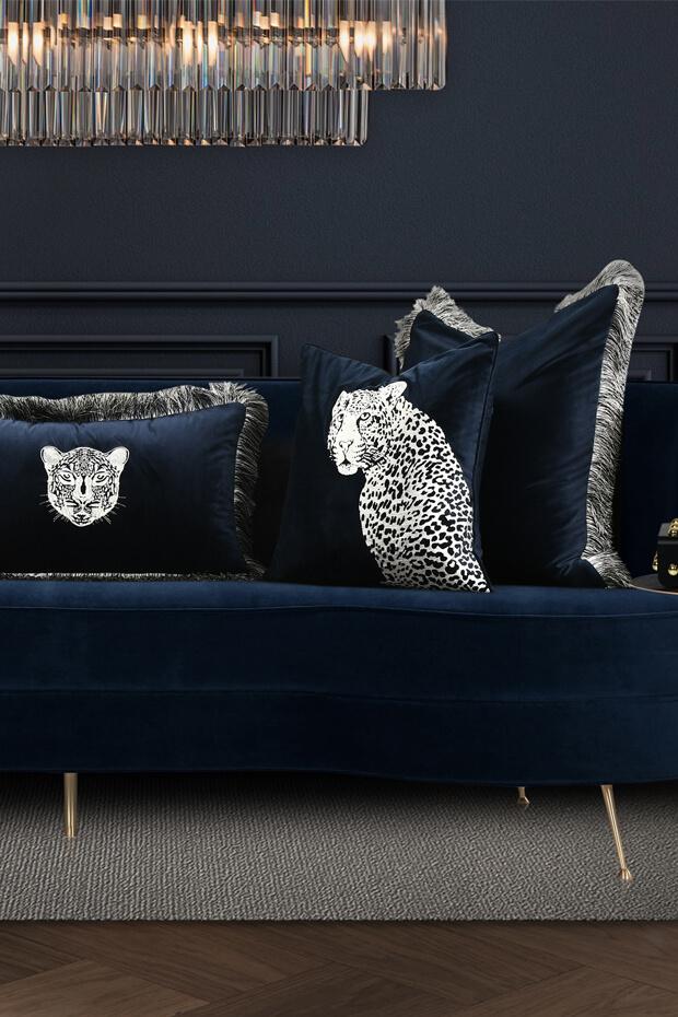 Safari Velvet Embroidered Lumbar Cushion Cover , Blue