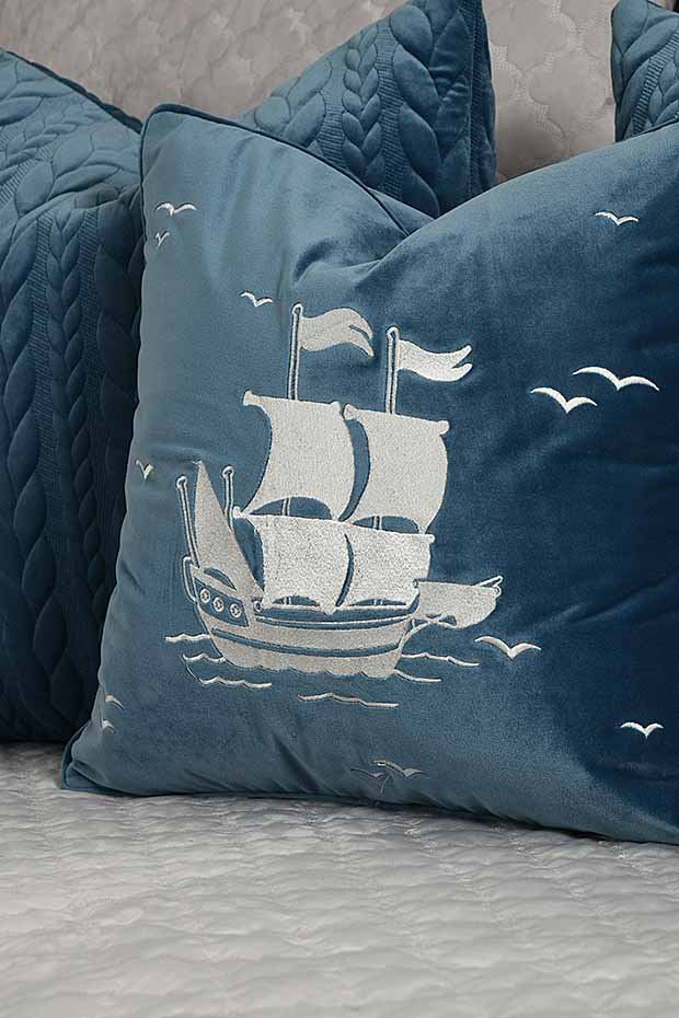 Sailboat Velvet Cushion Cover , Seablue