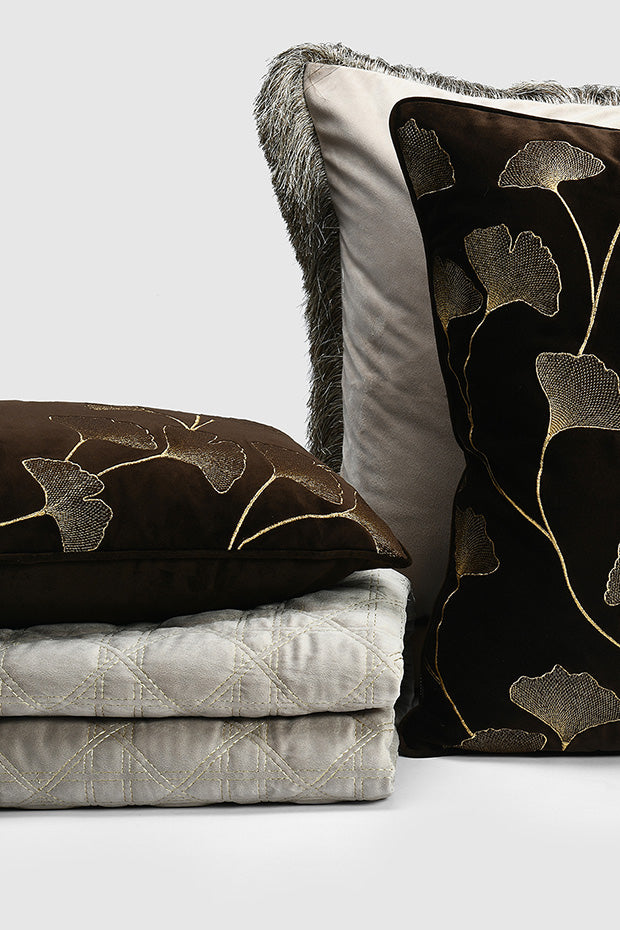 Ginkgo Leaf Embroidered Velvet Cushion Cover , Brown