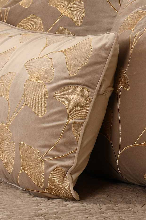 Ginkgo Leaf Embroidered Velvet Lumbar Cushion Cover , Beige