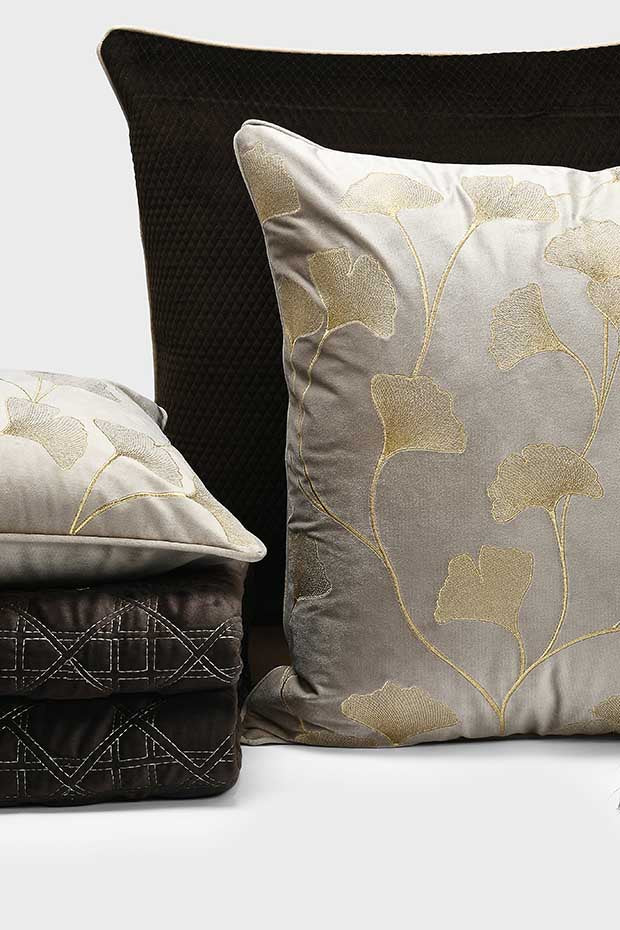 Ginkgo Leaf Embroidered Velvet Cushion Cover , Beige