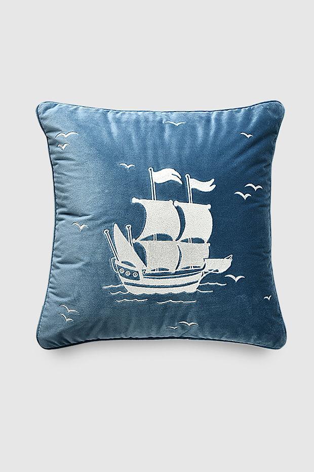 Sailboat Velvet Cushion Cover , Seablue