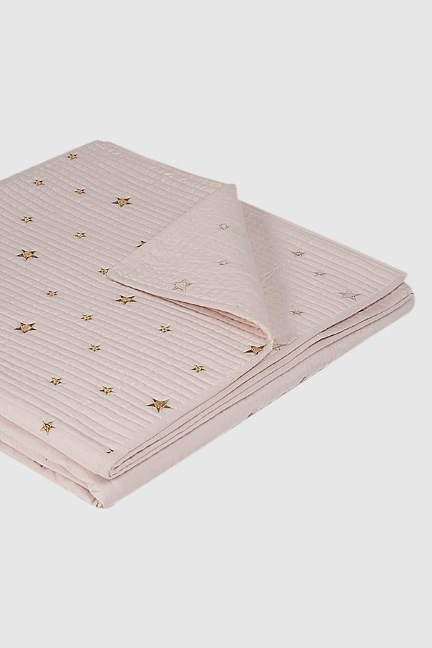 Metalic Star Embroidered Cotton Bedspread, Pink