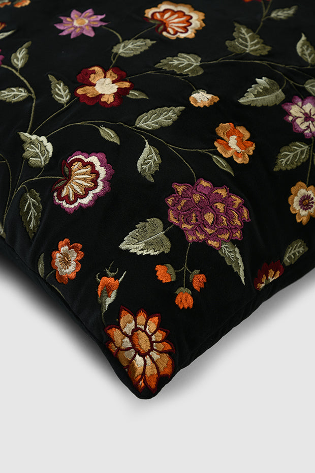 Floral Embroidered Cushion Cover , Black