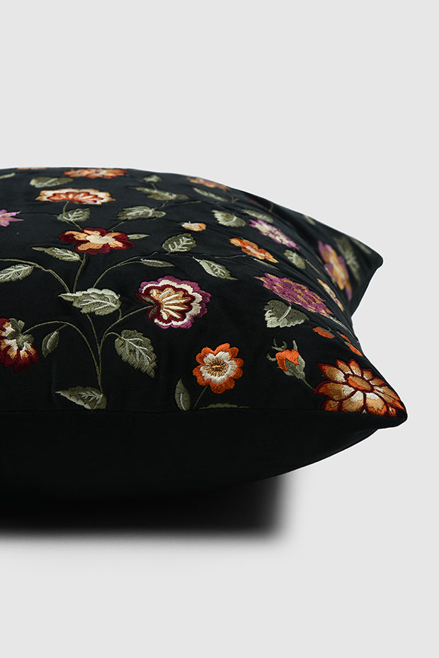 Floral Embroidered Cushion Cover , Black