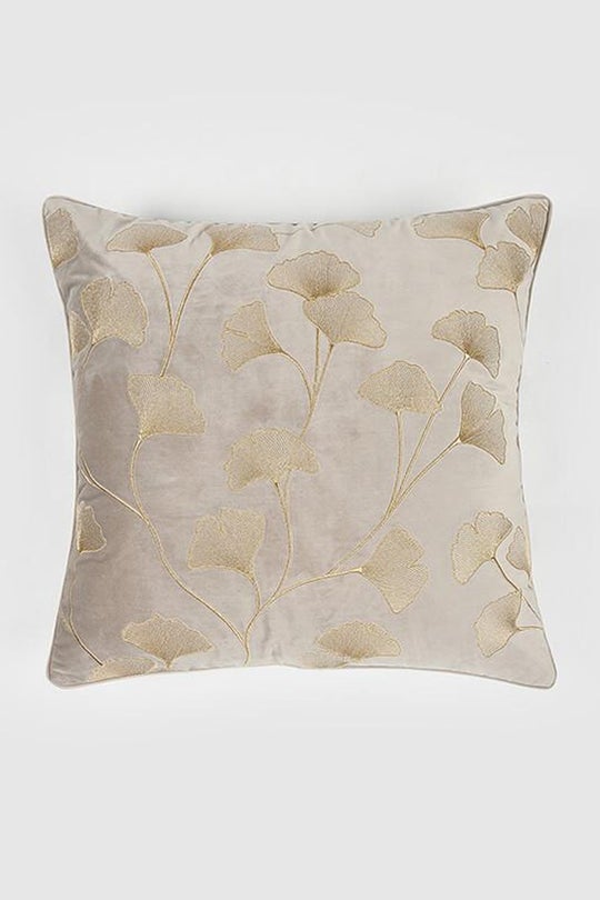 Ginkgo Leaf Embroidered Velvet Cushion Cover , Beige