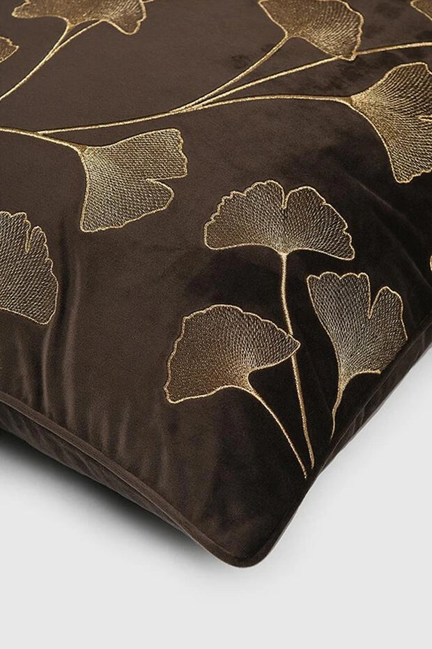 Ginkgo Leaf Embroidered Velvet Cushion Cover , Brown
