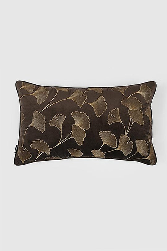 Ginkgo Leaf Embroidered Velvet Lumbar Cushion Cover , Brown
